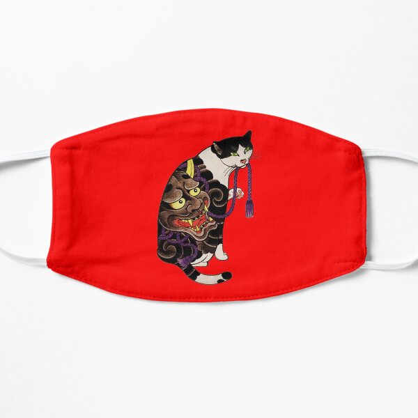 Antique Japanese Woodblock Print Cat with Flower Tattoos Mask