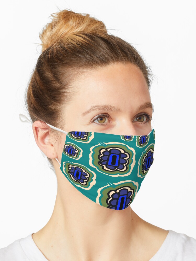 Thumbnail 1 of 5, Mask, Teal, olive, cream and blue floral pattern designed and sold by HEVIFineart.