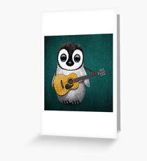 Musical Baby Penguin Playing Guitar Teal Blue Greeting Card