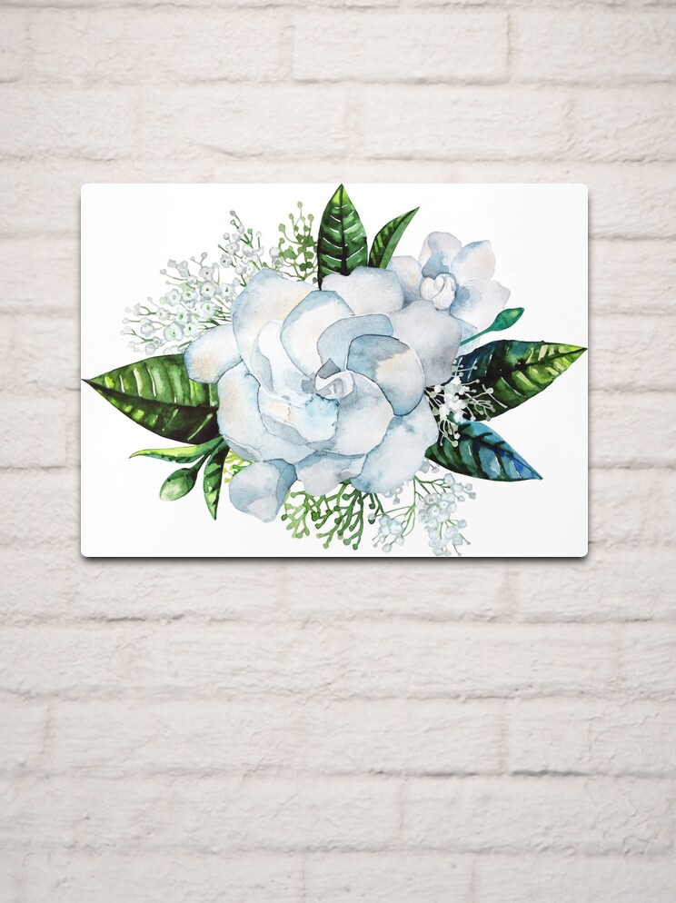 Watercolor gardenia and gypsophila vignette | Metal Print