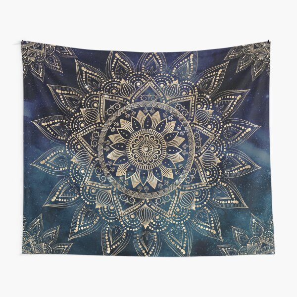 Elegant Gold Mandala Blue Galaxy Design Tapestry