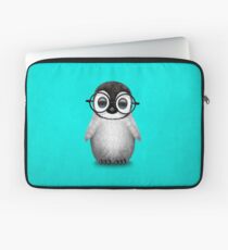 Cute Baby Penguin Wearing Eye Glasses on Blue Laptop Sleeve