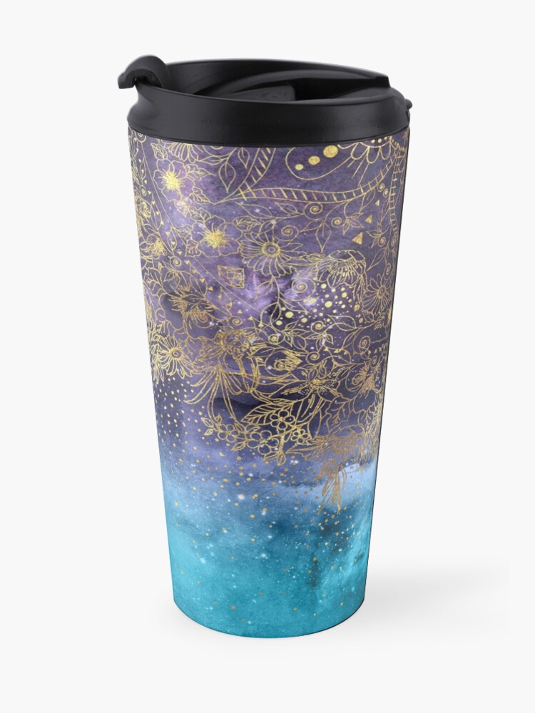 Alternate view of Gold floral mandala and confetti image Travel Mug