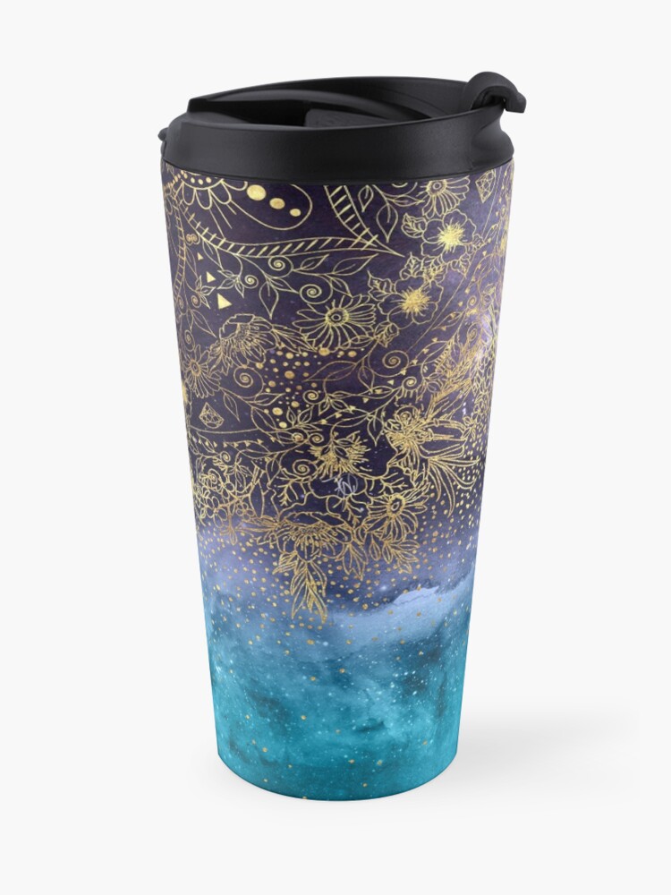 Alternate view of Gold floral mandala and confetti image Travel Mug