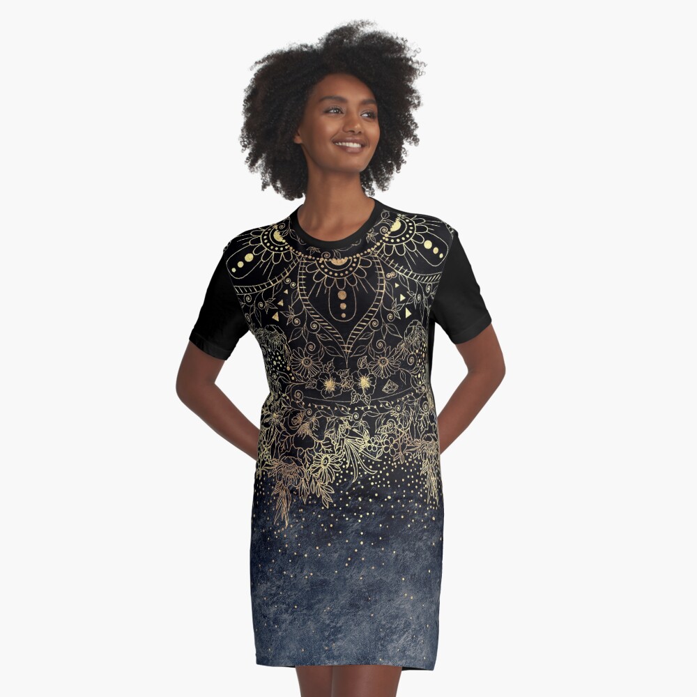 Stylish Gold floral mandala and confetti Graphic T-Shirt Dress