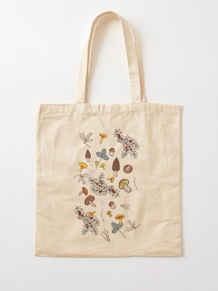 Tote Bag, dark wild forest mushrooms designed and sold by smalldrawing