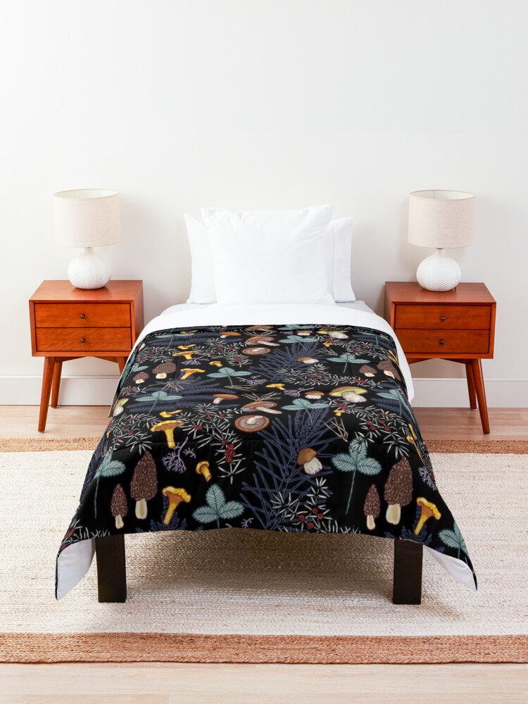 Comforter, dark wild forest mushrooms designed and sold by smalldrawing