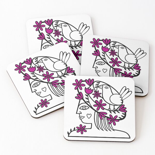 Item preview, Profile of Woman Wearing Hat With Flowers and Bird (black and fuchsia pink flowers) designed and sold by wariana.