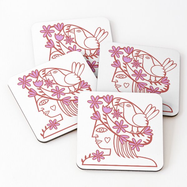 Item preview, Valentine's Day Profile of Woman Wearing Hat With Flowers and Bird (red and pink flowers) designed and sold by wariana.