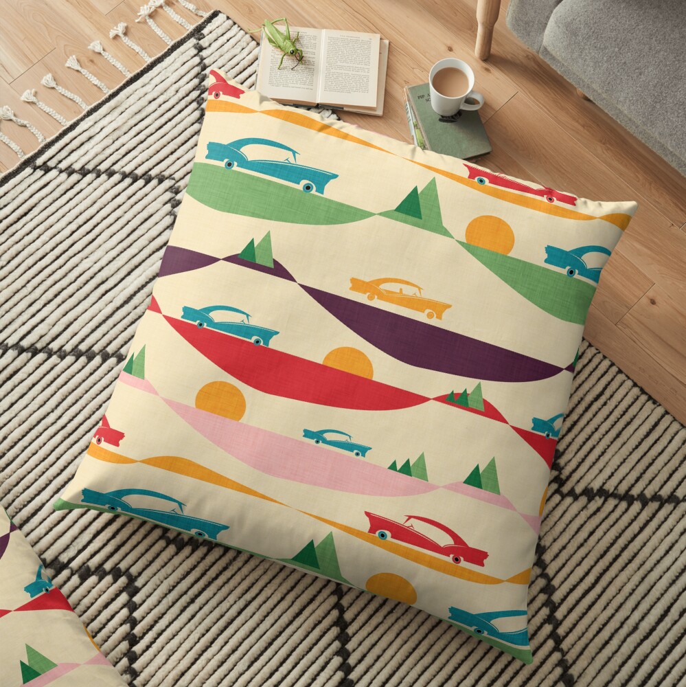 50s Retro Road Trip Beige #midcenturymodern Floor Pillow