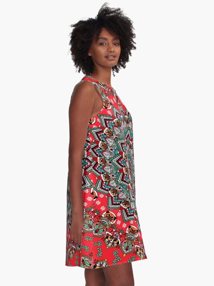 Alternate view of Mandala Christmas Pug A-Line Dress