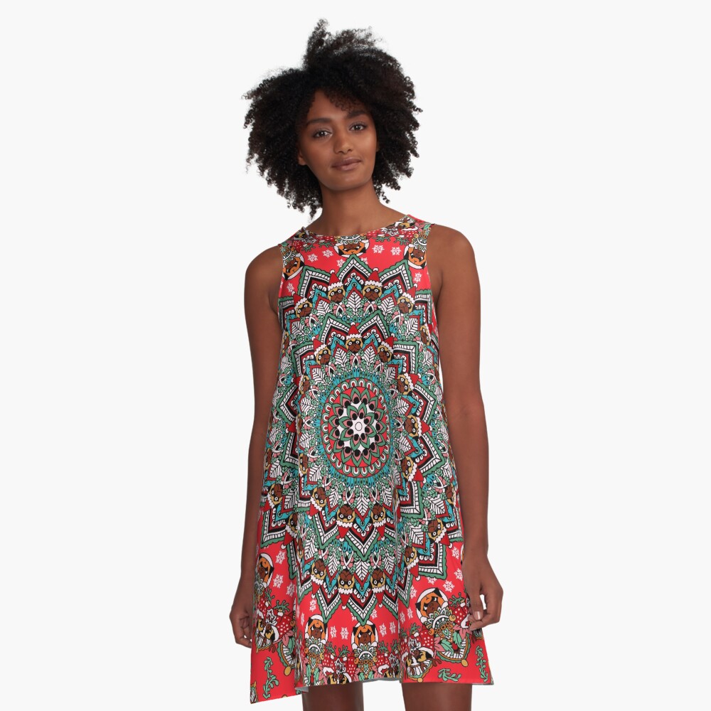 Mandala Christmas Pug A-Line Dress