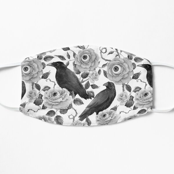 Edgar Allen Poe Nevermore Watercolor Black and White Ravens with Roses and Eyeballs Flat Mask