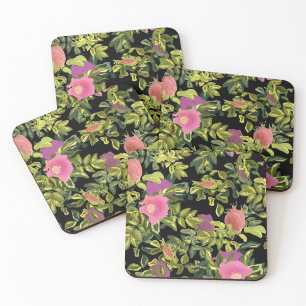 Item preview, Pink rosehip, pink rosehip, black background, roses on black, flower pattern designed and sold by fuzzyfox.
