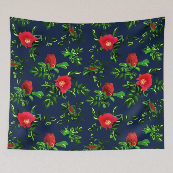 Item preview,  Red rosehip, retro, wild rosehip, wild roses, red and blue designed and sold by fuzzyfox.