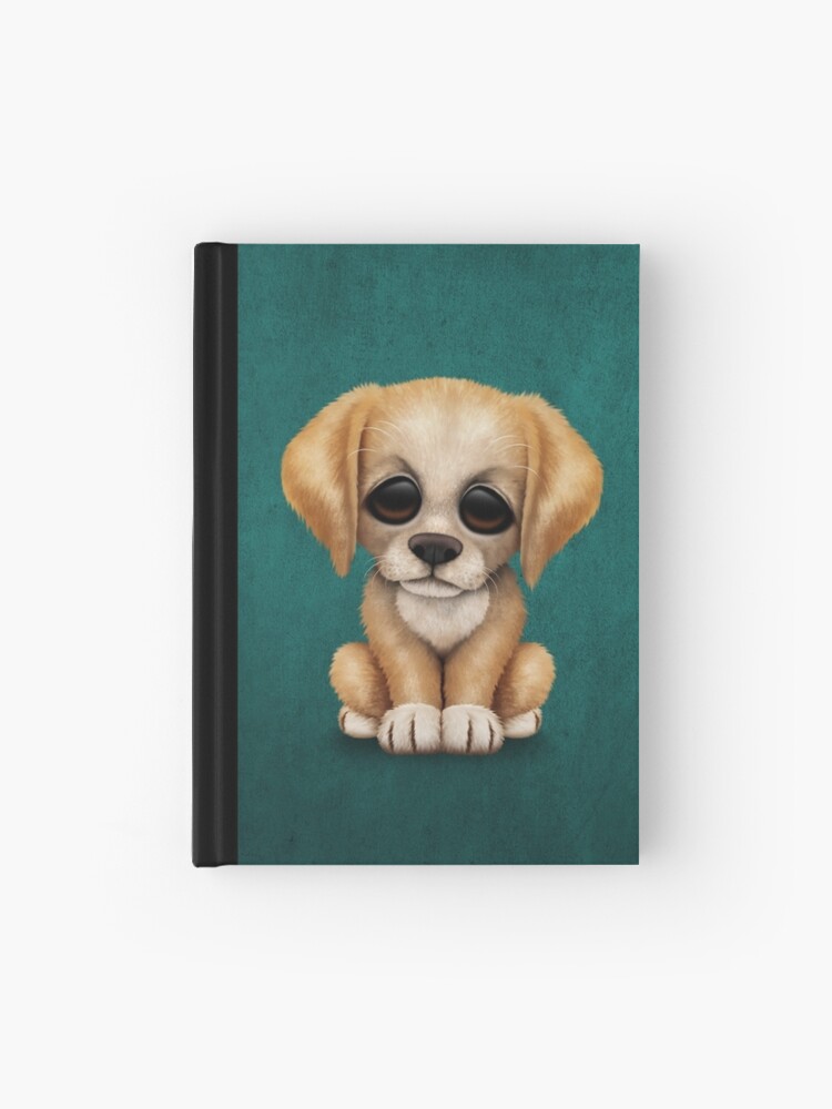 Cute Golden Retriever Puppy Dog On Teal Blue Hardcover Journal By