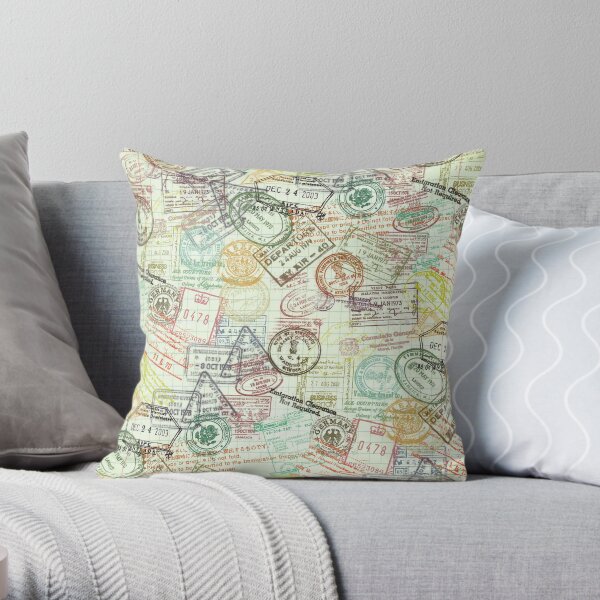 "Around the World" Passport Stamps Collage Throw Pillow