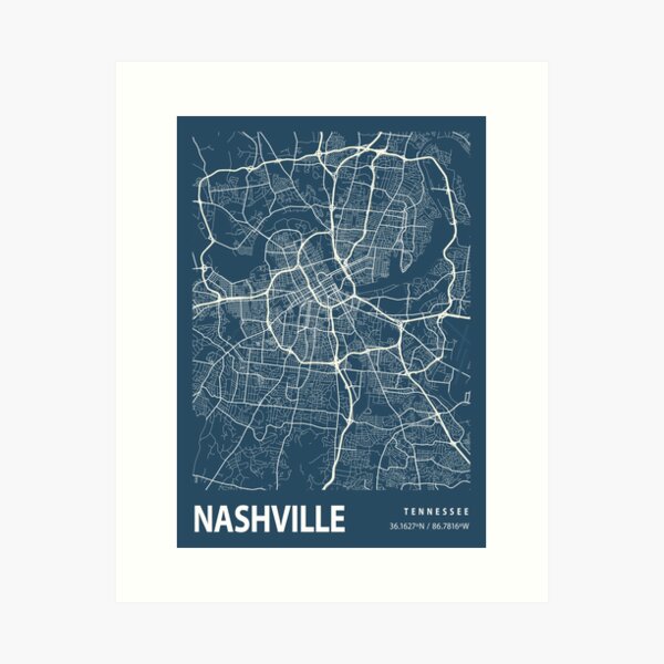 Nashville Blueprint Street Map, Nashville Colour Map Prints Art Print