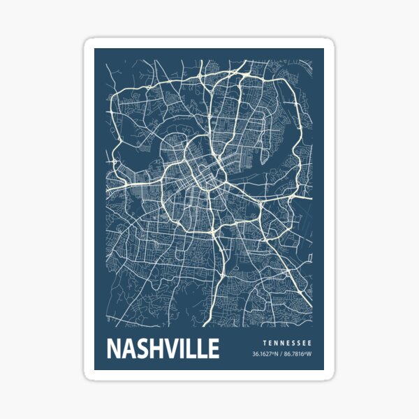 Nashville Blueprint Street Map, Nashville Colour Map Prints Sticker