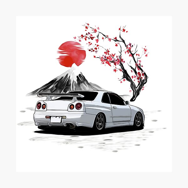 White 1998 Skyline R34 GTR With Cherry Blossom Rear Side Photographic Print