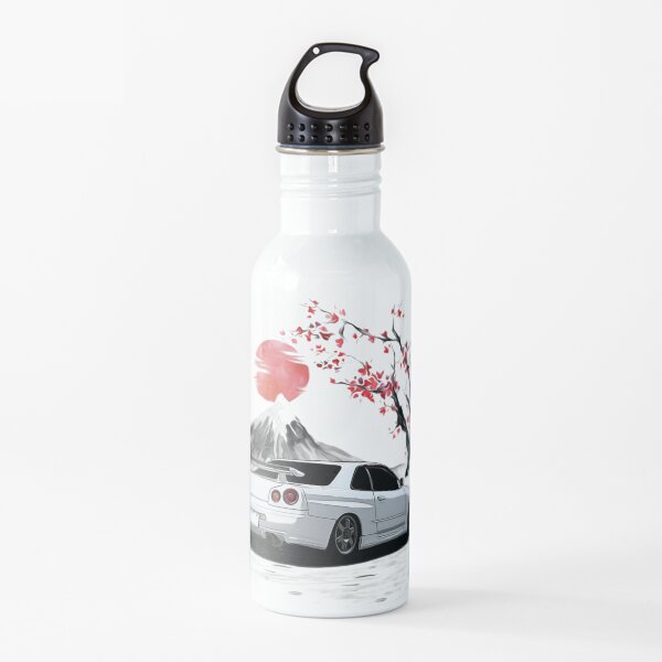 White 1998 Skyline R34 GTR With CHerry Blossom Rear Side Water Bottle