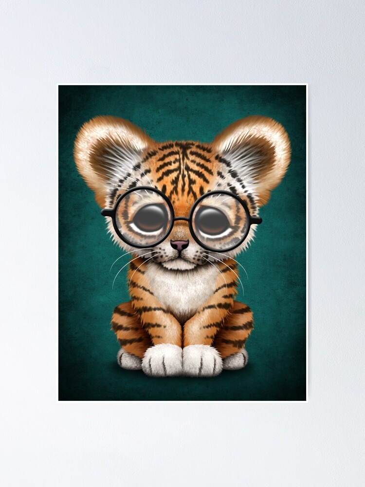 Poster Lindo Bebe Tigre Cub Con Gafas En Azul Turquesa De Jeffbartels Redbubble