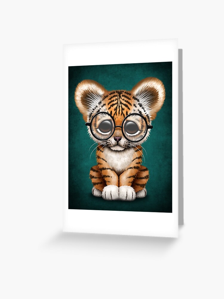 Tarjetas De Felicitacion Lindo Bebe Tigre Cub Con Gafas En Azul Turquesa De Jeffbartels Redbubble