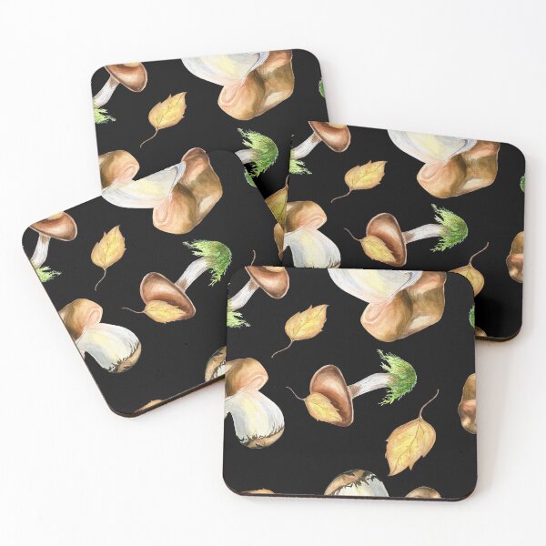 Item preview, Watercolor autumn mushrooms pattern on the black background designed and sold by NataBold.