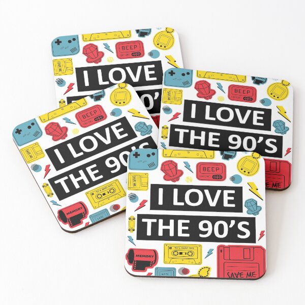 Item preview, I Love the 90's Red Yellow and Blue Retro Vintage Nostalgic Design, Collage Gadget, Cassette Music Diskette Toy Memory Film, Print Art Display Poster Wall Art, Mug Pillow Shirt Design designed and sold by Ekkswai.