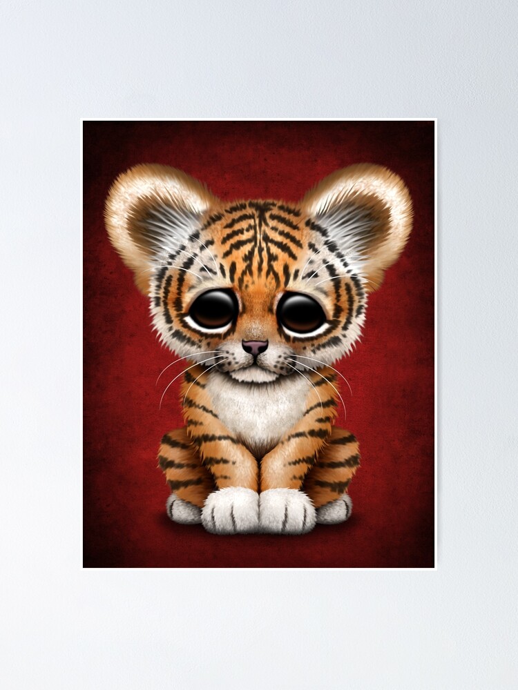 Cute Baby Tiger Cub On Red Poster By Jeffbartels Redbubble