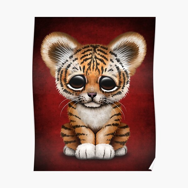 Cute Baby Tiger Cub On Red Poster By Jeffbartels Redbubble