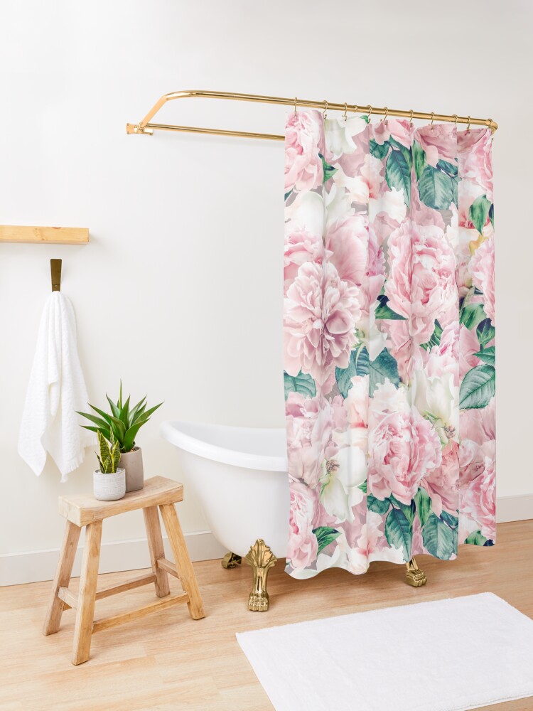 Alternate view of Vintage Blush Real Peonies Pattern Shower Curtain
