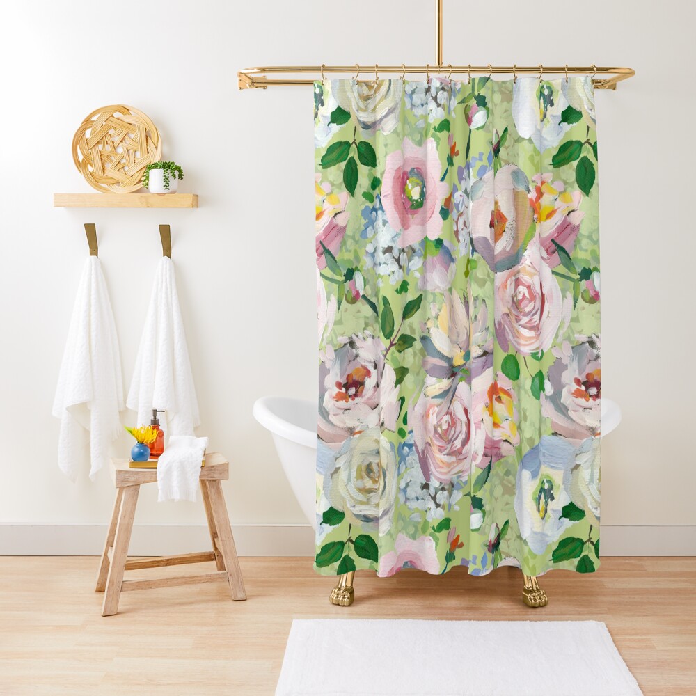 Van Gogh Roses Pattern Green Shower Curtain