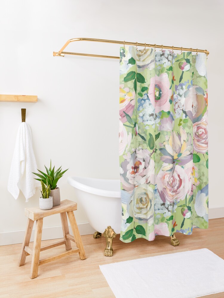 Alternate view of Van Gogh Roses Pattern Green Shower Curtain
