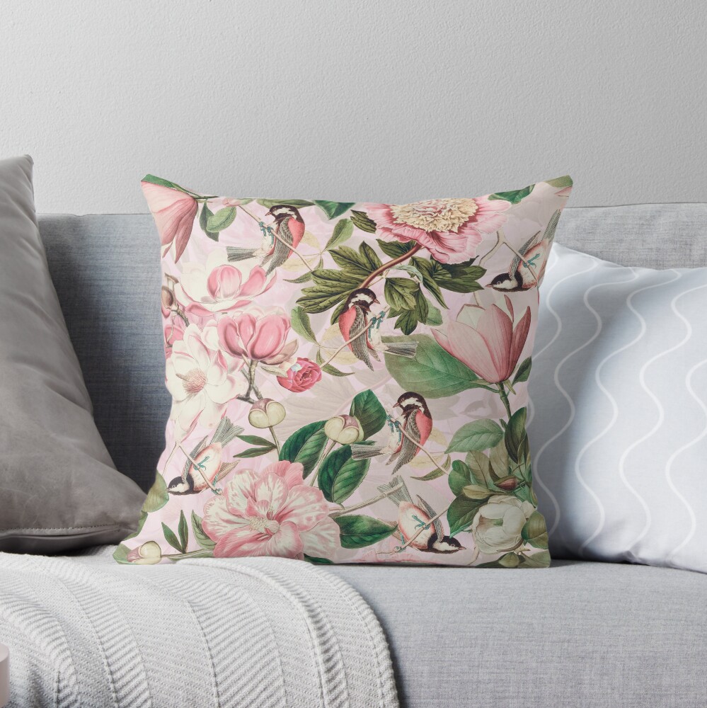 UtART - Vintage Peonies Spring Flower Pattern Pink Sepia Throw Pillow
