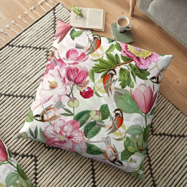 UtART - Vintage Peonies Spring Flower Pattern White Floor Pillow