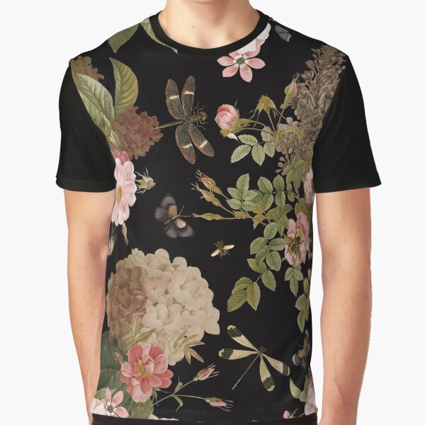 UtART - Vintage Roses Spring Flower And Early Insects Pattern - Sepia Black Graphic T-Shirt