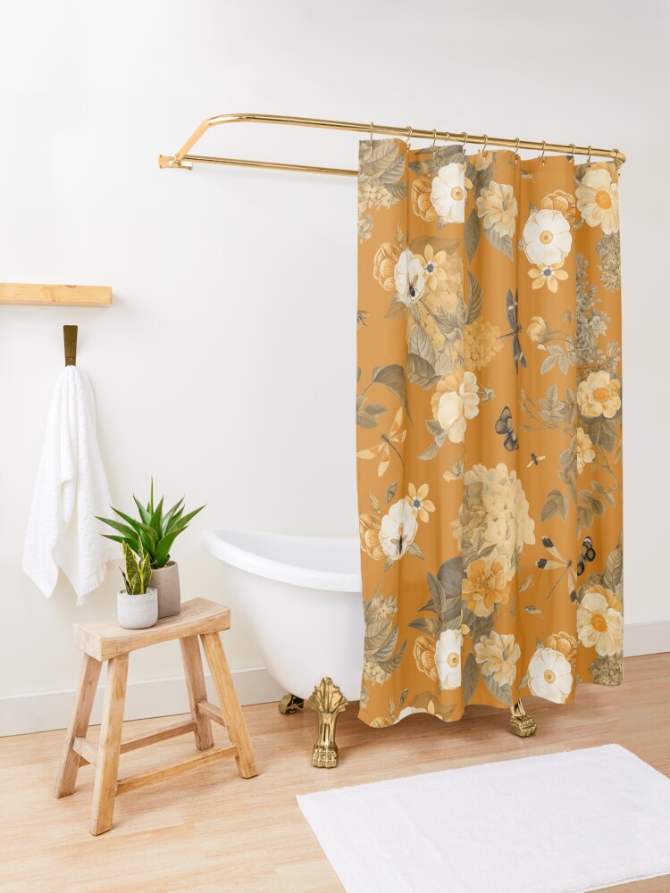 Alternate view of UtART - Vintage Roses Spring Flower And Early Insects Pattern - Sepia Gold Shower Curtain