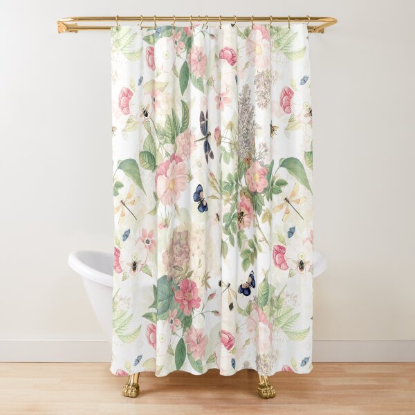 UtART - Vintage Roses Spring Flower And Early Insects Pattern - Sepia Blush Cream white Shower Curtain