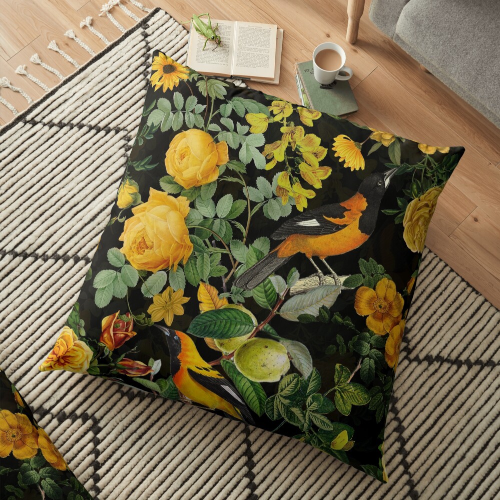 Antique Midnight Botanical Flower Rose Garden Floor Pillow