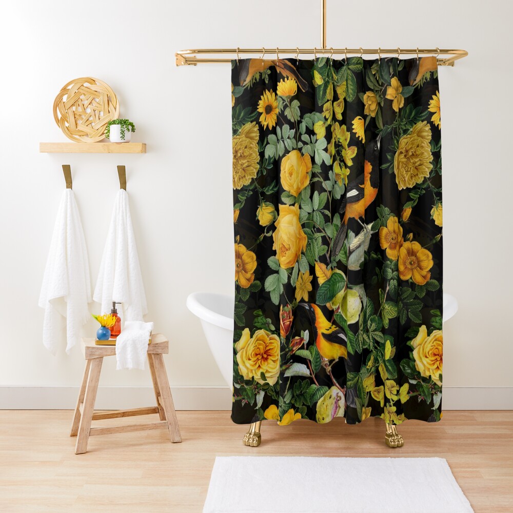 Antique Midnight Botanical Flower Rose Garden Shower Curtain
