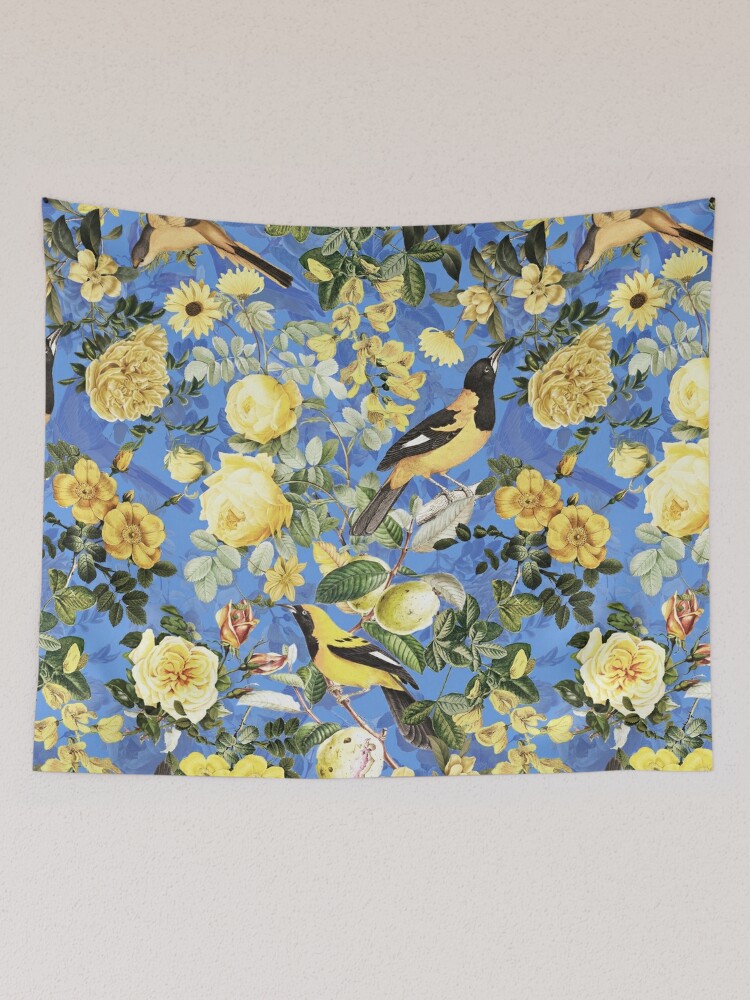 Antique Blue And Yellow Botanical Flower Rose Botanical Garden | Tapestry