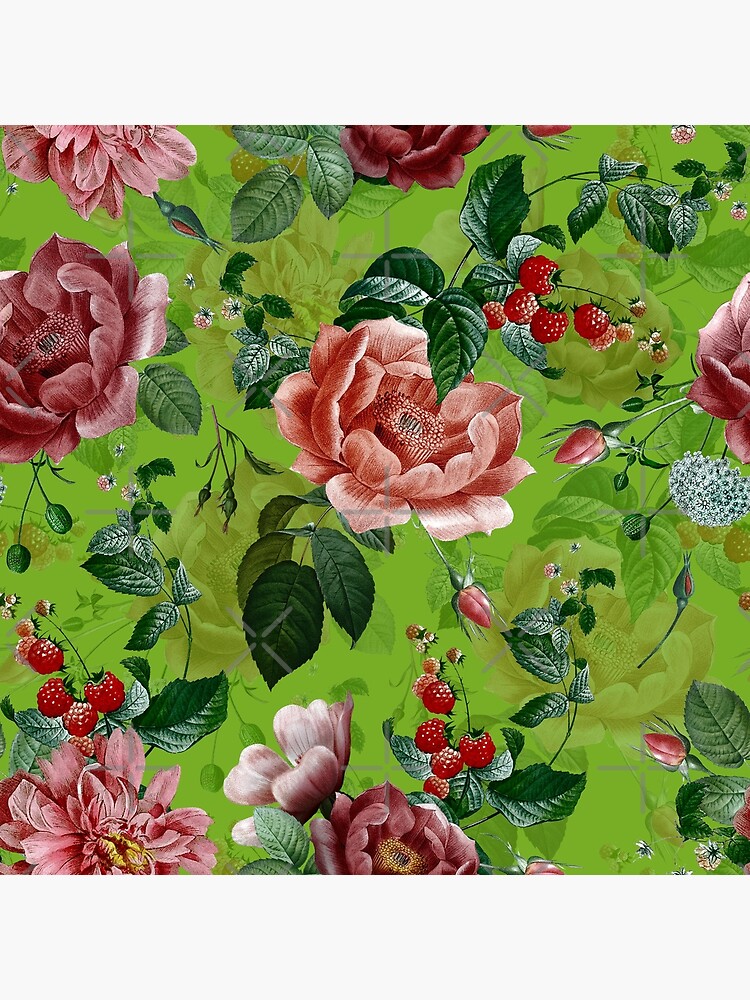 Spring Green Vintage Pattern With Roses And Raspberries by UtArt