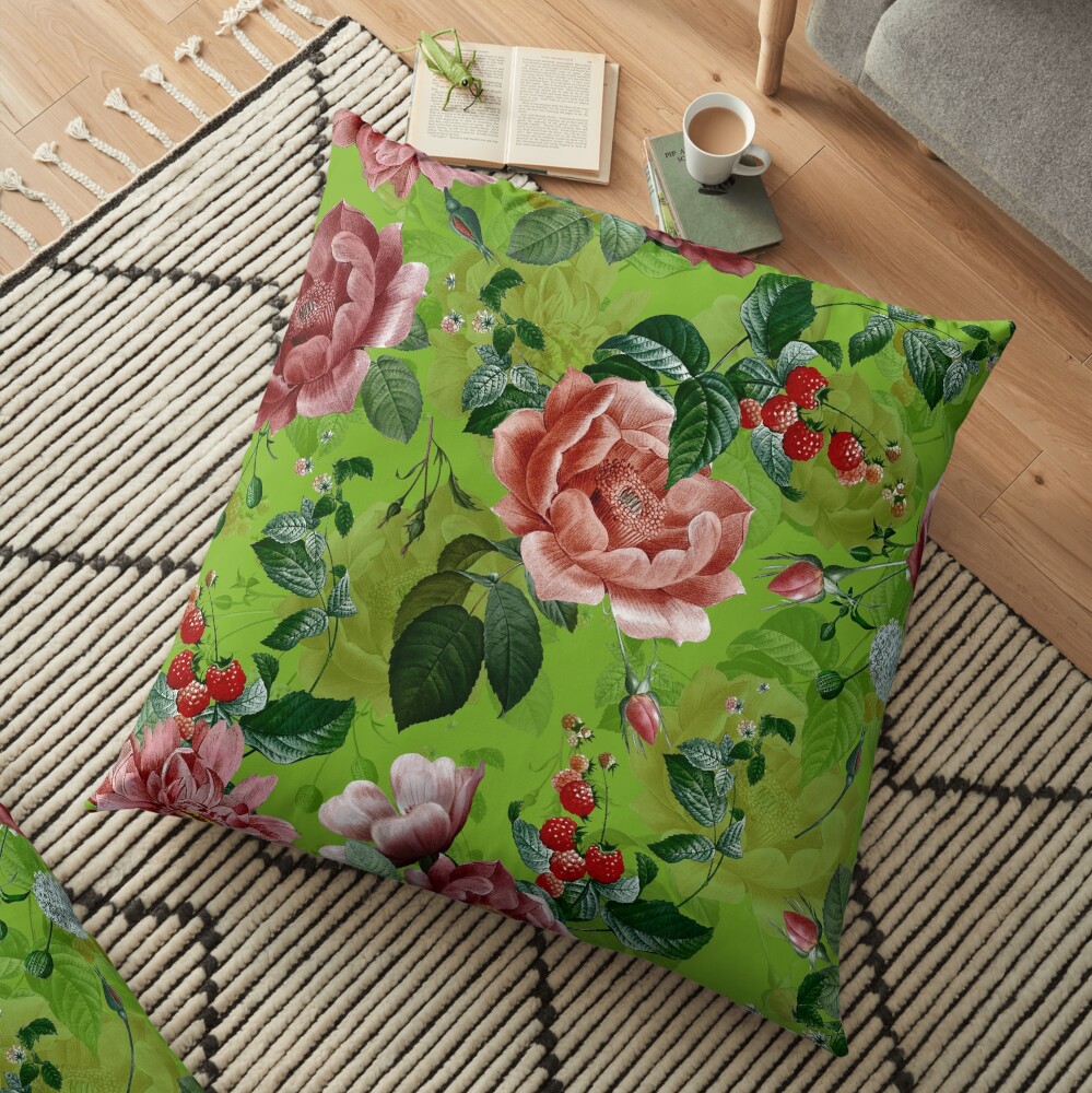 Spring Green Vintage Pattern With Roses And Raspberries Floor Pillow