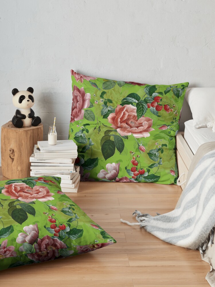 Alternate view of Spring Green Vintage Pattern With Roses And Raspberries Floor Pillow