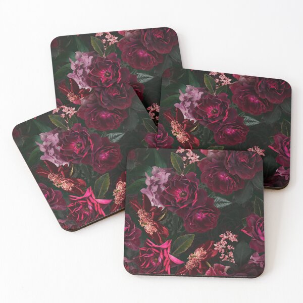 Antique Midnight Botanical Flower Rose Garden Coasters (Set of 4)