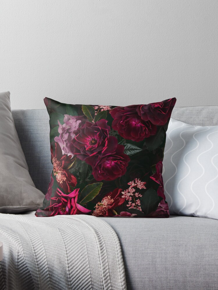 Thumbnail 1 of 4, Pillow, Antique Midnight Botanical Flower Rose Botanical Night Garden Nightgarden designed and sold by UtArt.