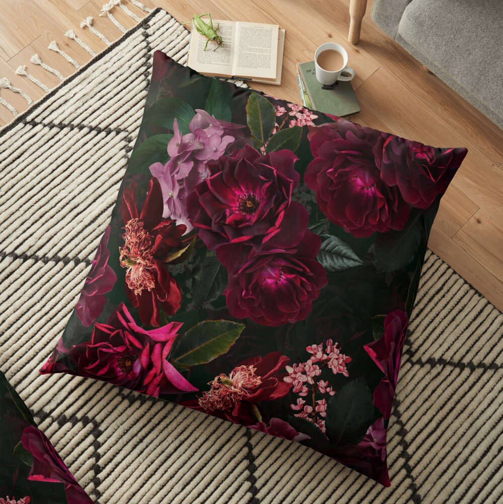 Antique Midnight Botanical Flower Rose Garden Floor Pillow