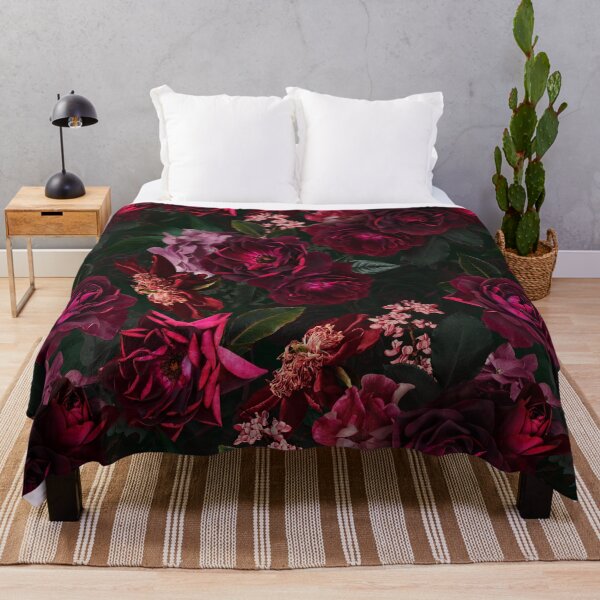 Antique Midnight Botanical Flower Rose Garden Throw Blanket