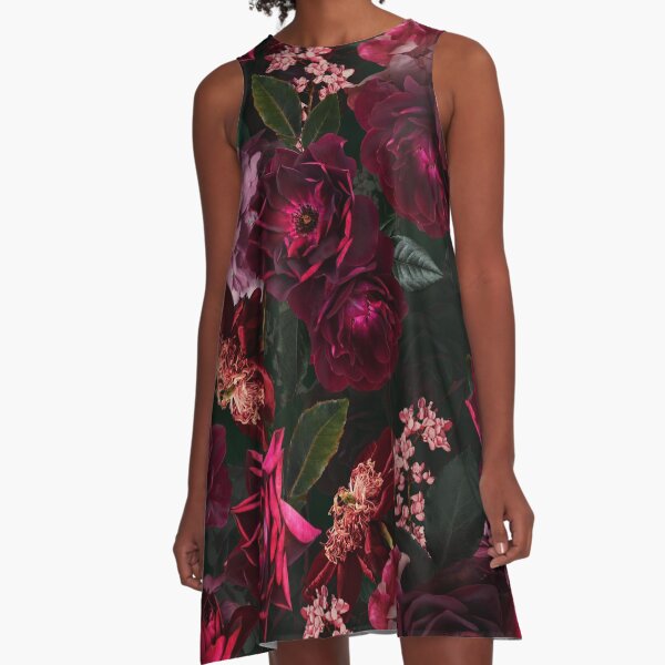 Antique Midnight Botanical Flower Rose Garden A-Line Dress